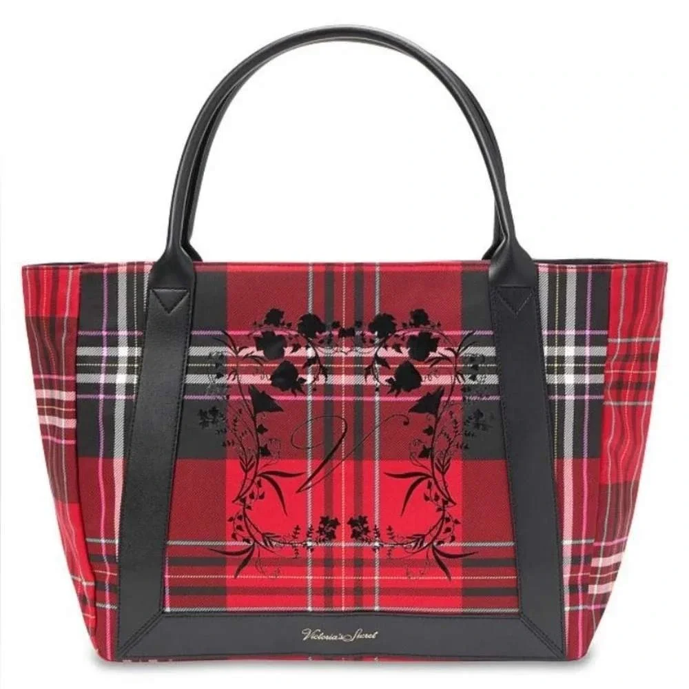 Victoria's Secret Tote Bag Womens Large Red Black Plaid Roses Excellent Canvas